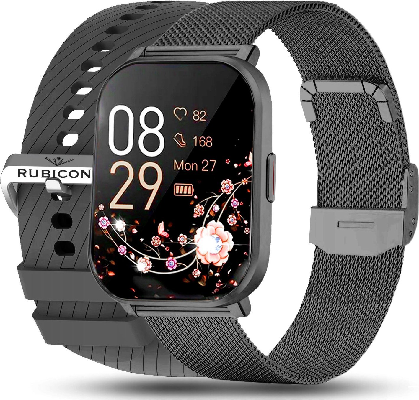 Smartwatch czarny sportowy z dwoma paskami zestaw