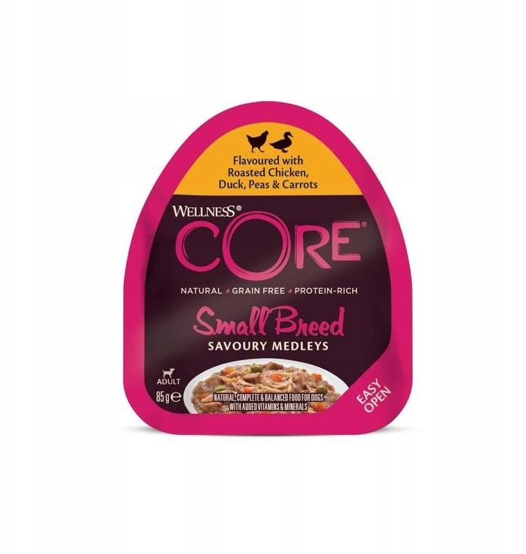 Dolina Noteci Core Small Breed Savoury Medleys mokra karma dla dorosłych psów małych ras, kurczak, kaczka, groch, marchew, 85g, miska