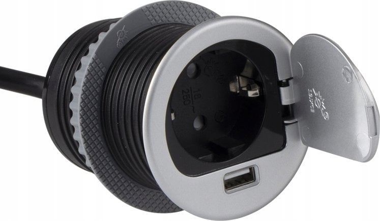 Ilgintuvas, ileidziamas, SINGLE BOX aluminium, 1x Schuko 1x USB, Design Light