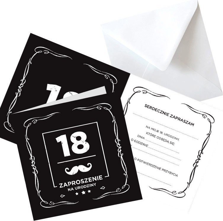 ZAPROSZENIA na 18 dla chłopaka Black z wąsem 10szt (+koperty)