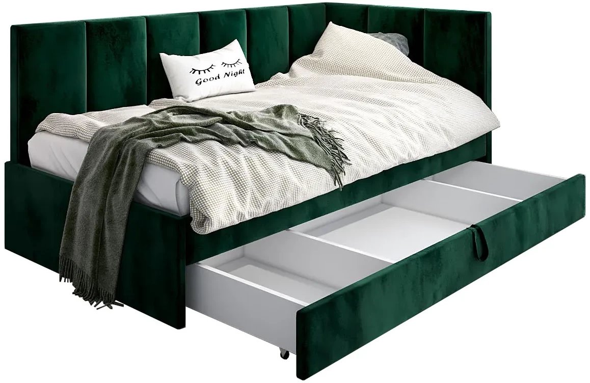 Łóżko młodzieżowe AURA 2 100x200 zielone z tapicerowanym panelem L i szufladą MKPOL