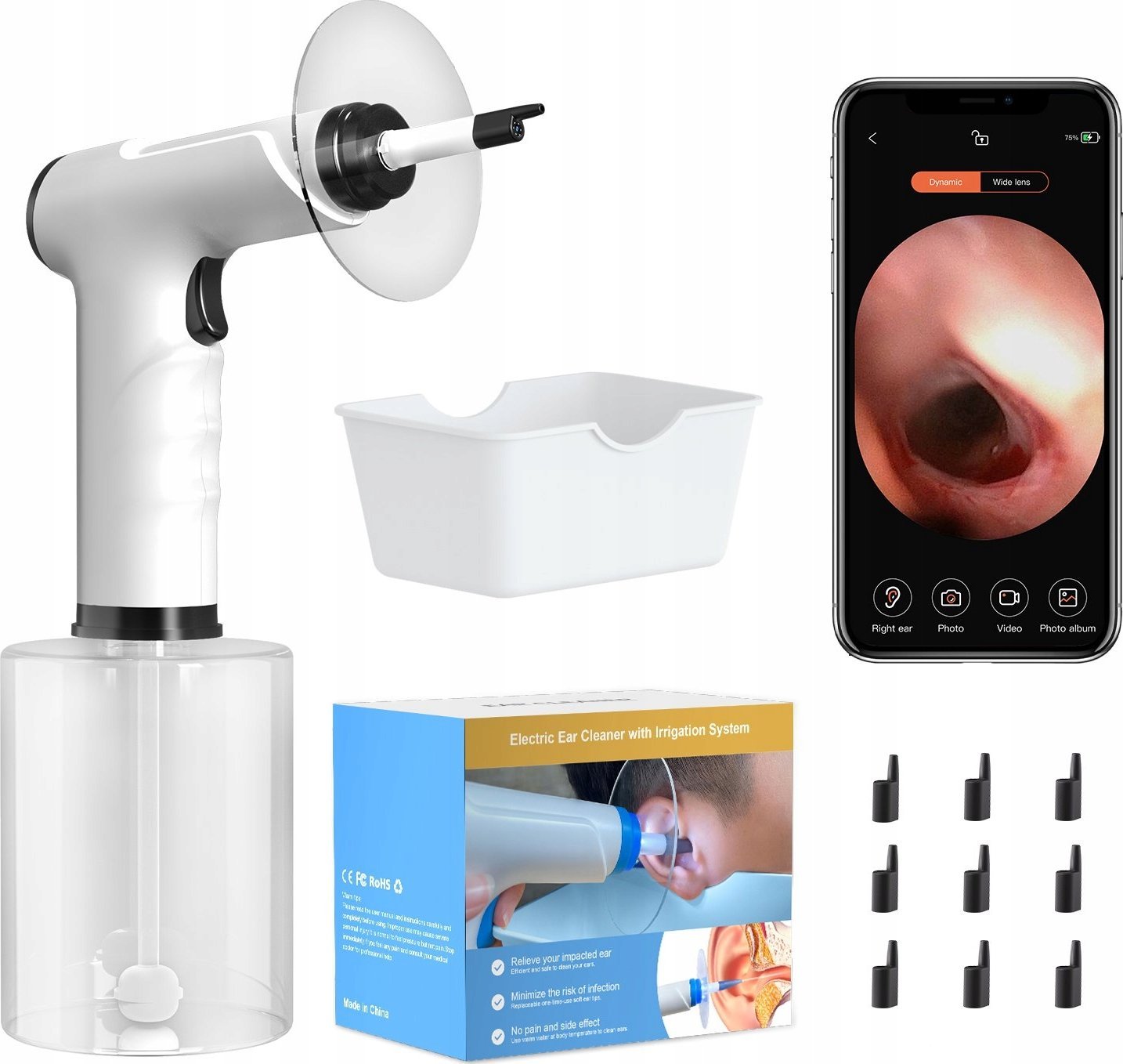 URZĄDZENIE DO CZYSZCZENIA USZU IRYGATOR KAMERA WIFI APLIKACJA TEL 2MP 500ml