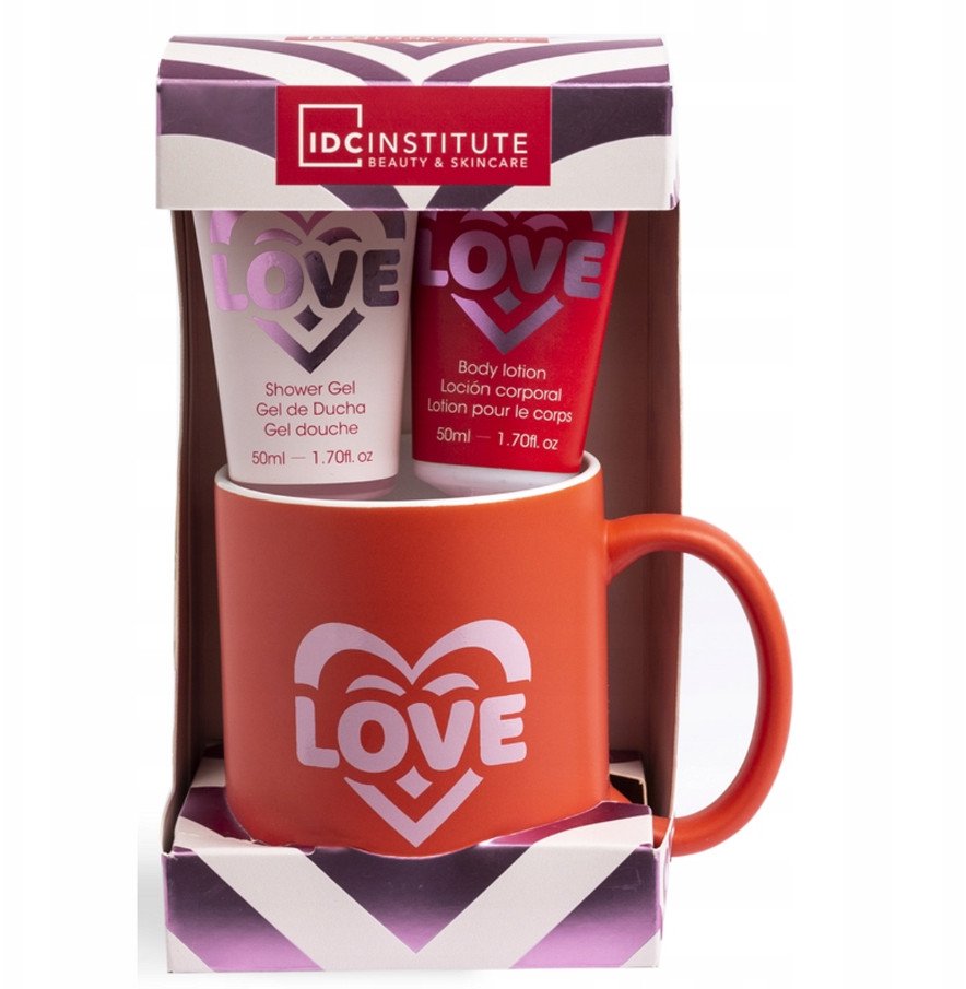 Kūno priežiūros rinkinys IDC Institute In Love: dušo želė, 50 ml + kūno losjonas, 50 ml + puodelis