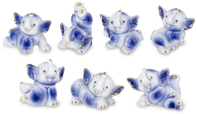 Figurki 7 Słoni Ceramicznych niebieskie Ozdoba do Salonu 4cm x 4cm x 3,5cm