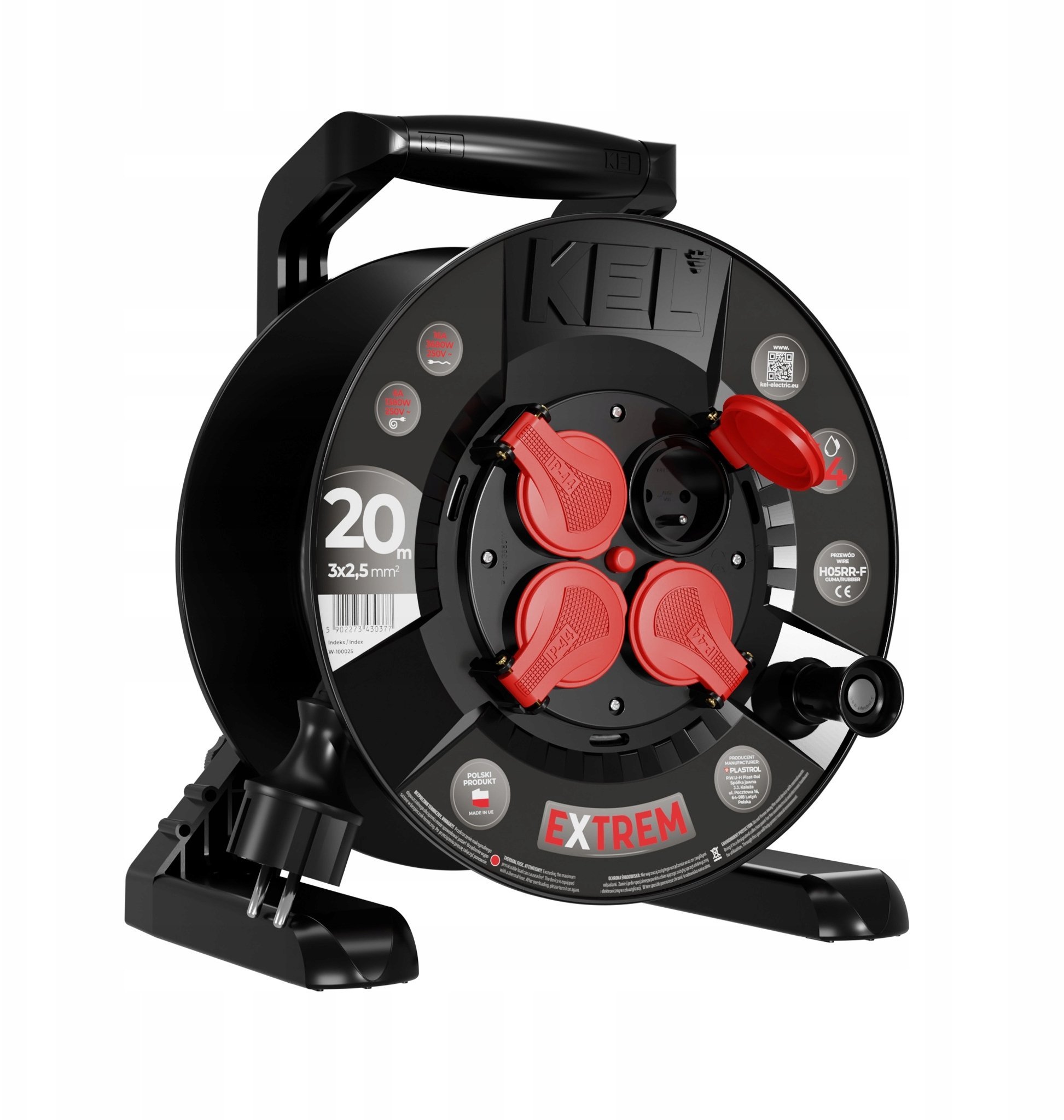 Przedłużacz bębnowy EXTREME LINE 4 gniazda z/u IP44 16A H05RR-F 3x2,5 20m czarny W-100025
