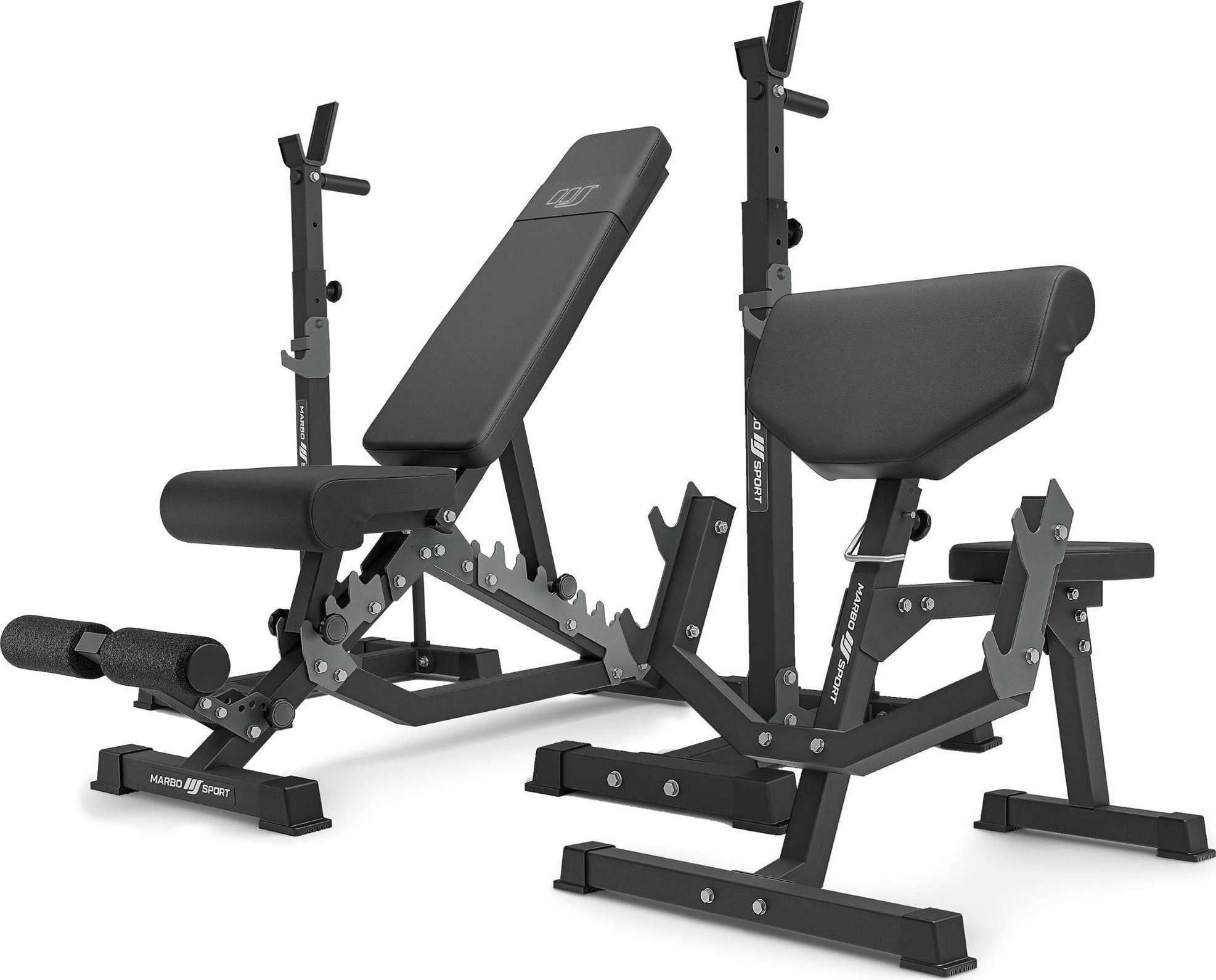 Zestaw MS33_2.0 | Ławka dwustronna + wielopoziomowe stojaki (2 sztuki) pod sztangę z asekuracją + Ławka Scotta (modlitewnik) z regulacją podparcia - M