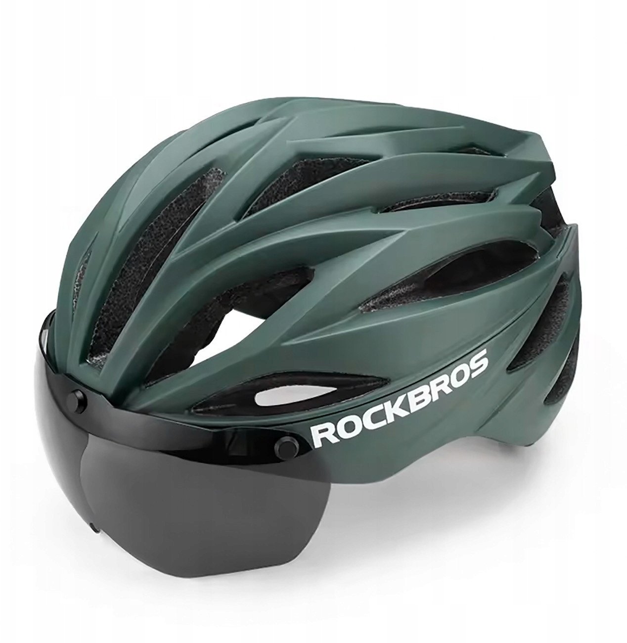 Kask rowerowy Rockbros z szybką, odpinane okulary z ochroną UV, unisex - zielony