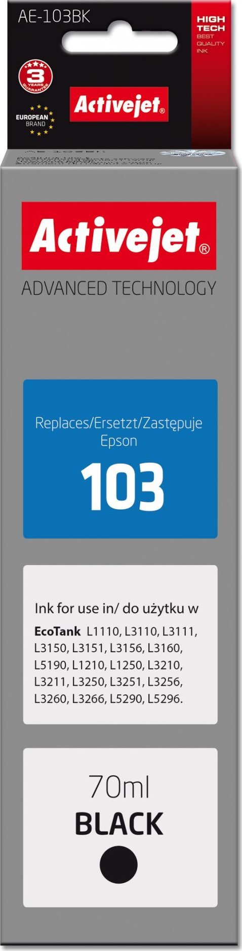 Tusz Activejet Tusz Activejet AE-103Bk (zamiennik Epson 103 C13T00S14A; Supreme; 70 ml; czarny)