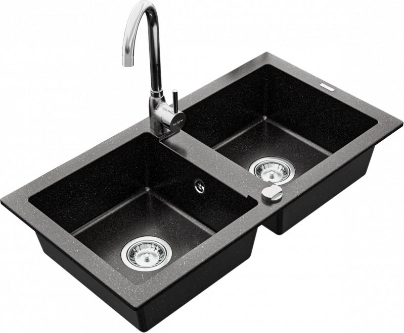 Zlewozmywak Mexen Mario granitowy 2-komorowy z baterią kuchenną Telma, czarny/srebrny - 6504-73-670200-00