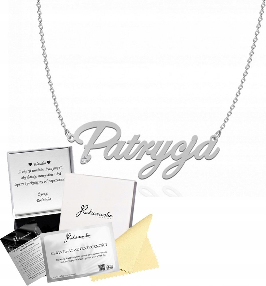 Radziszewska Jewellery Naszyjnik Srebrny z imieniem Patrycja Łańcuszek 925 Prezent DEDYKACJA