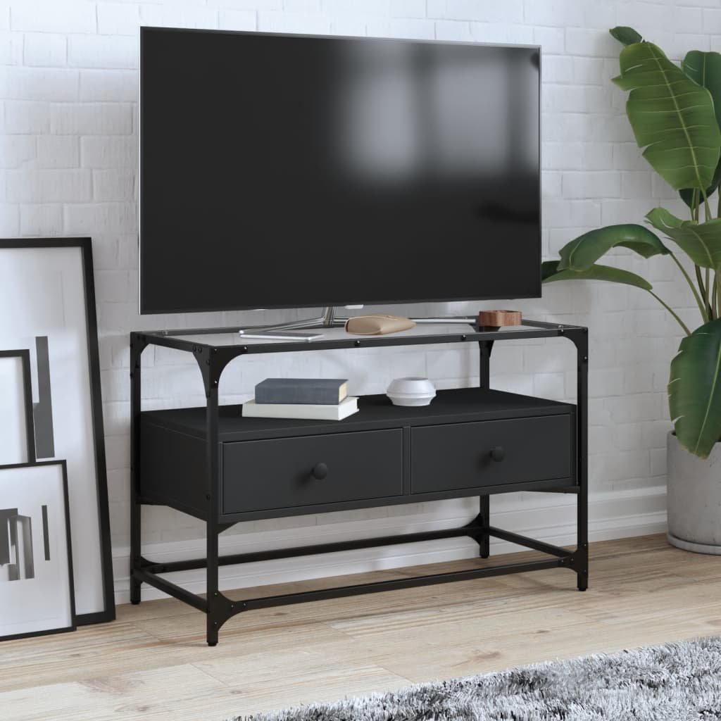 vidaXL Szafka pod TV ze szklanym blatem, czarna, 80x35x51 cm