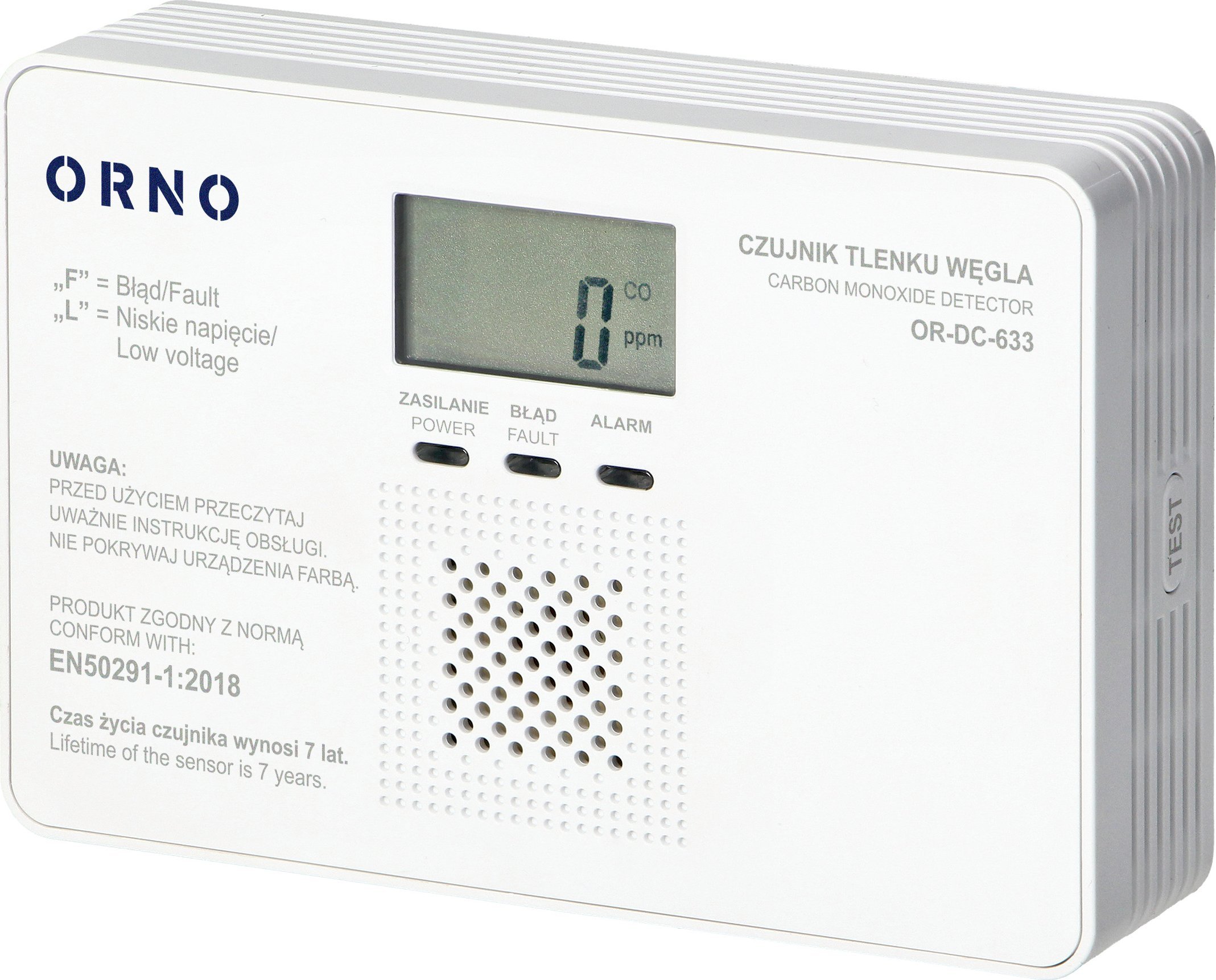 Orno Bateryjny czujnik tlenku węgla (czadu), 9V, żywotność 7lat, zgodność z normą EN 50291-1:2018