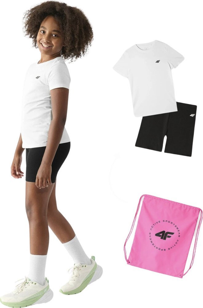 4f Zestaw dzięciecy koszulka spodenki worek plecak do szkoły na WF 4F F019 biało-czarno-różowy 4FJWAW24TAPSF019 20S 158/164cm