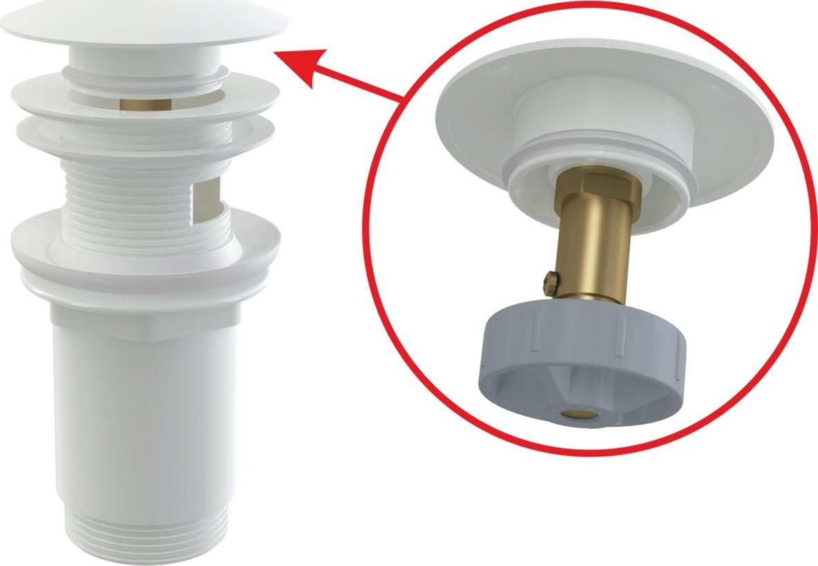 Syfon Watersolution Spust umywalki CLIK/CLAK 5/4 metalowy z przelewem, duży korek, biały