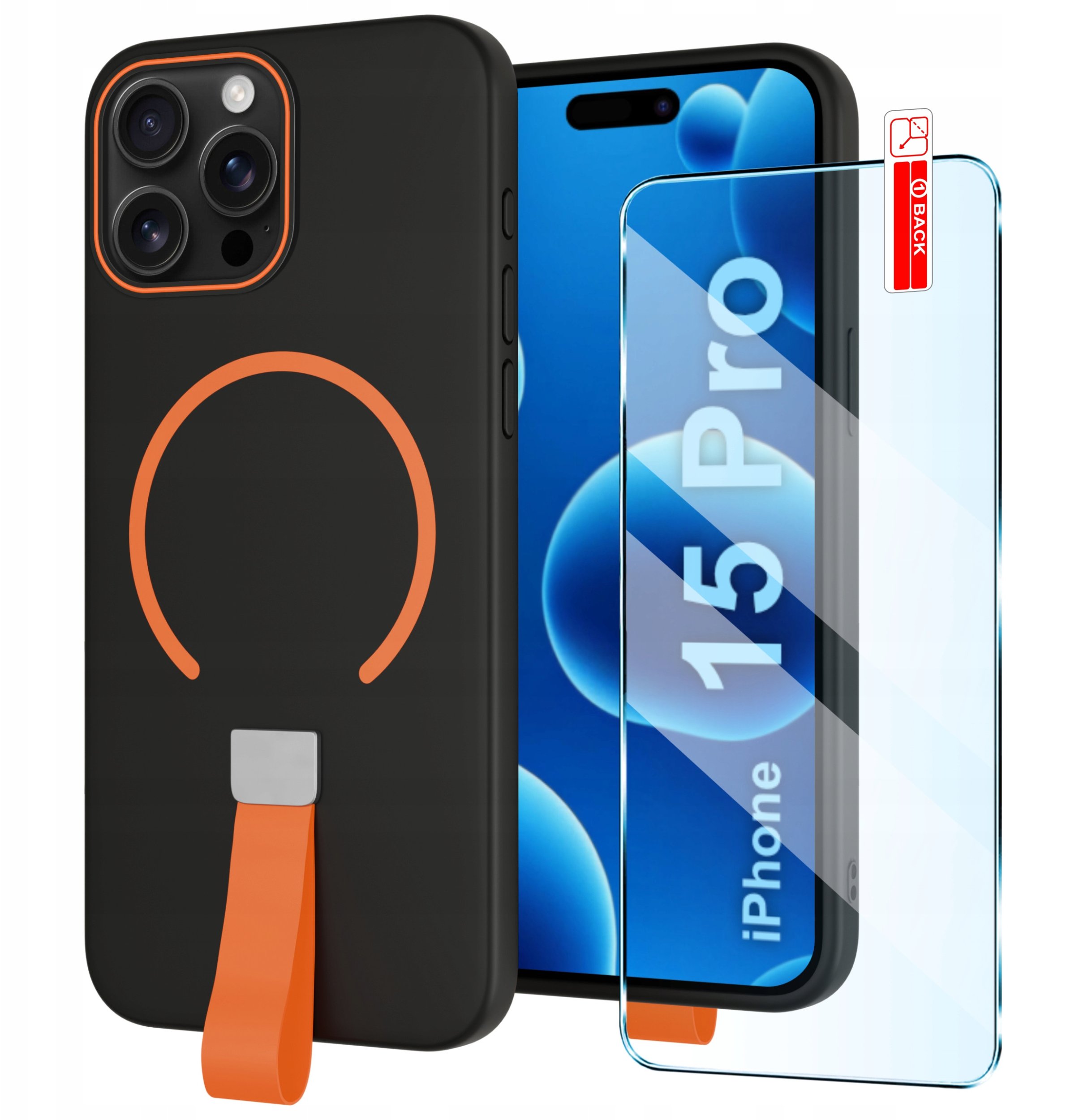 Etui z Paskiem na palec Matowe CZARNE do iPhone 15 Pro |do MagSafe +Szkło