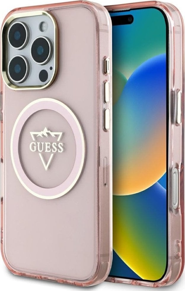 Guess IML Metal Mountain Logo MagSafe Case for iPhone 16 Pro Pink