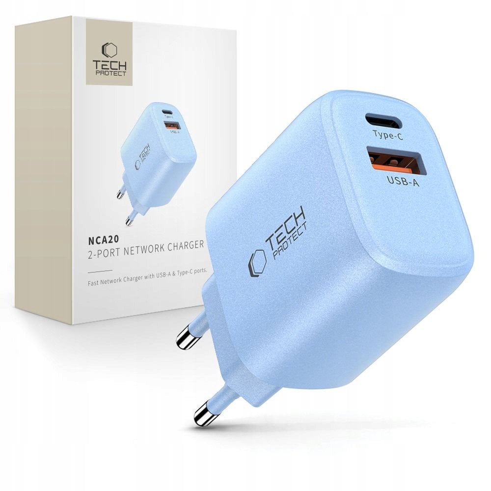 Ładowarka sieciowa Tech-Protect NCA20 USB-A, USB-C Network Charger PD 20W / QC3.0 Baby Blue