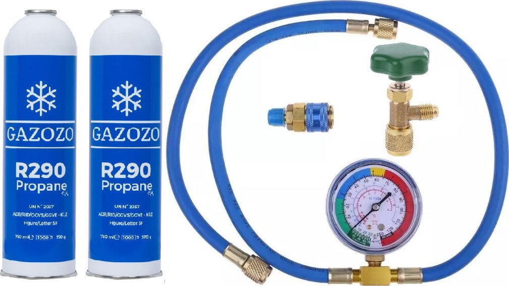 Litago Zestaw do napełniania czynnika chłodniczego gaz propan R290 POMPY CIEPŁA lodówki freon dwie butle