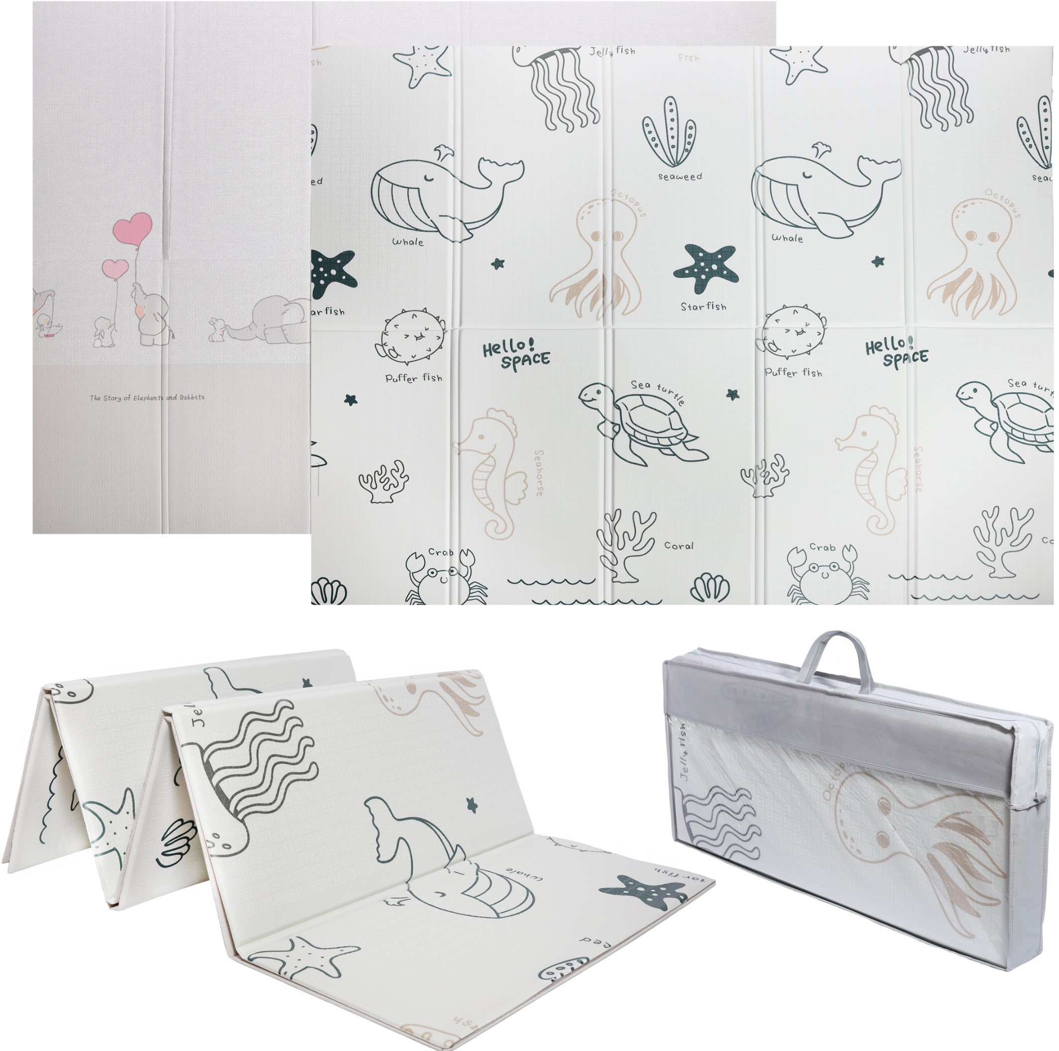 Dwustronna składana kolorowa edukacyjna piankowa mata dziecięca XXL 180x200 cm - słoniki