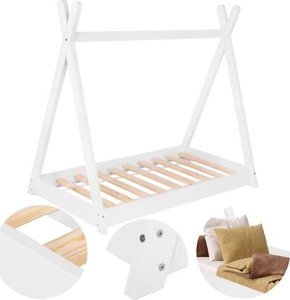 Springos Łóżko dziecięce 145x75cm drewniane łóżeczko tipi ze stelażem, domek dla dziecka, białe UNIWERSALNY