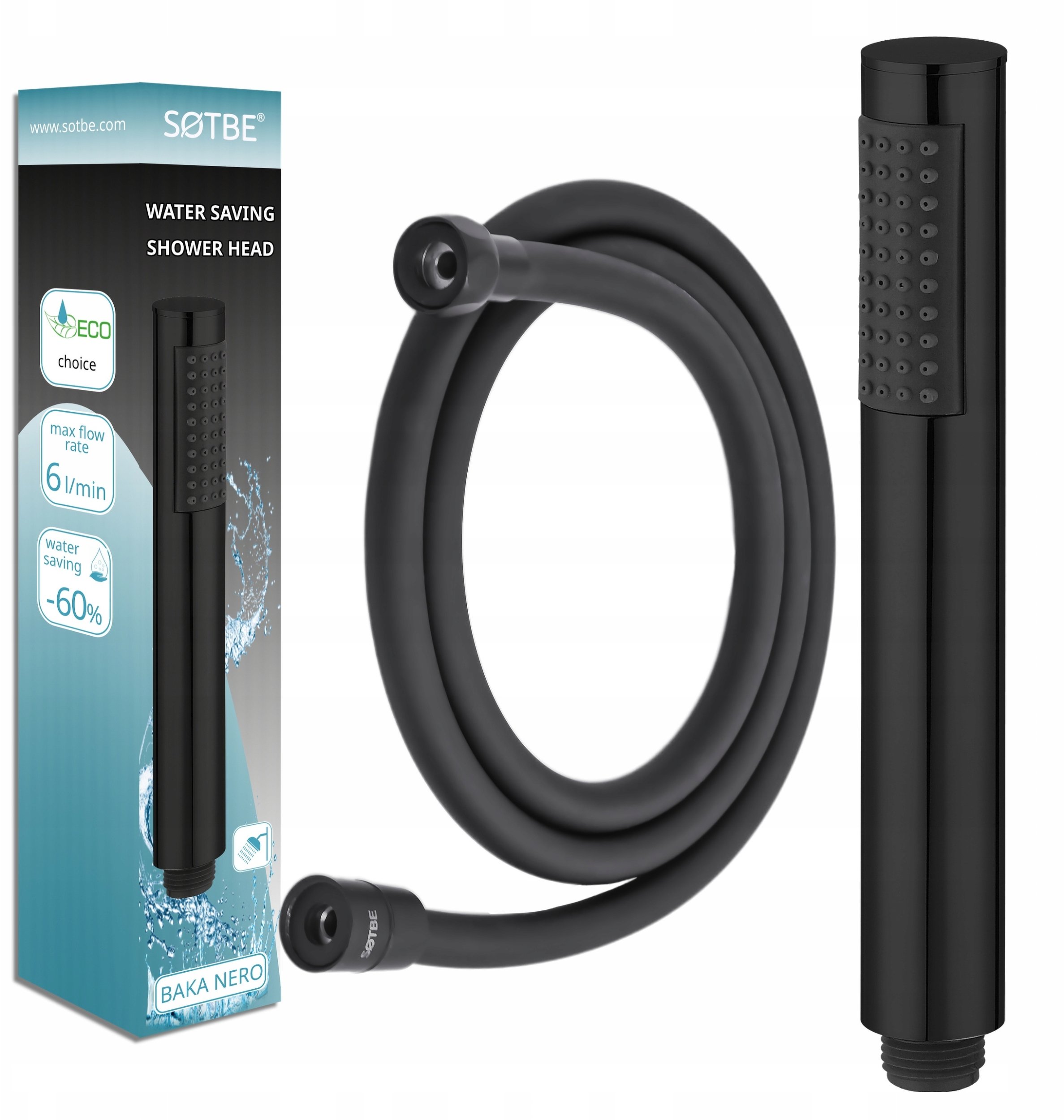 Słuchawka do prysznica Rączka CZARNA Gładki wąż prysznicowy 150 cm ZESTAW