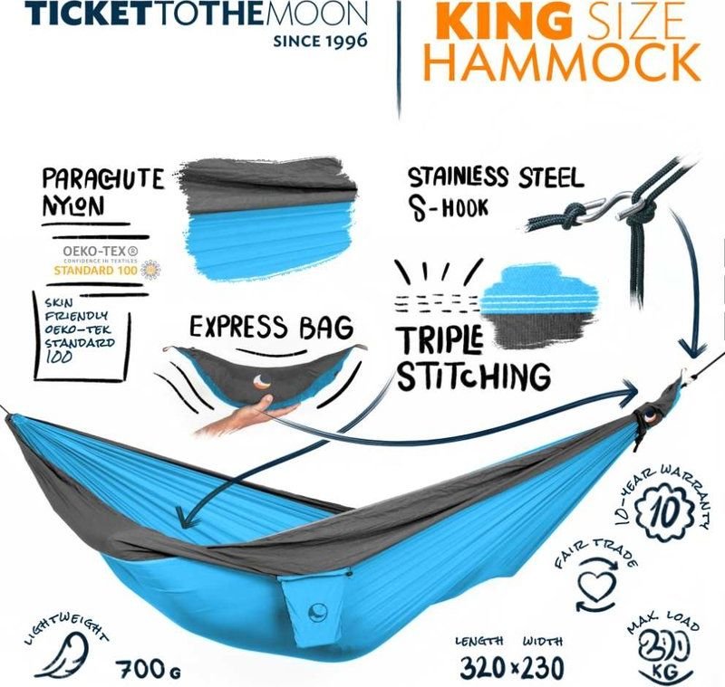 Ticket To The Moon Hamak King Size Hammock Aqua/Dark Grey 320x230cm (TMK1503)