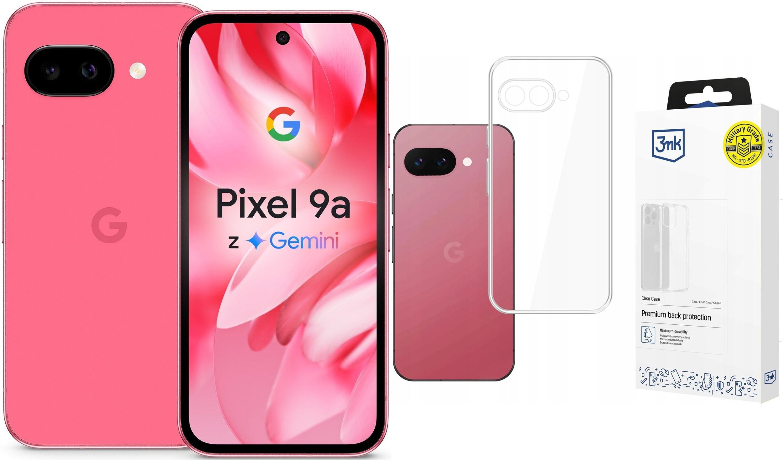 Smartfon Pixel 9A 5G 8/128GB Różowy (GA09565-GB) + Etui Clear Case