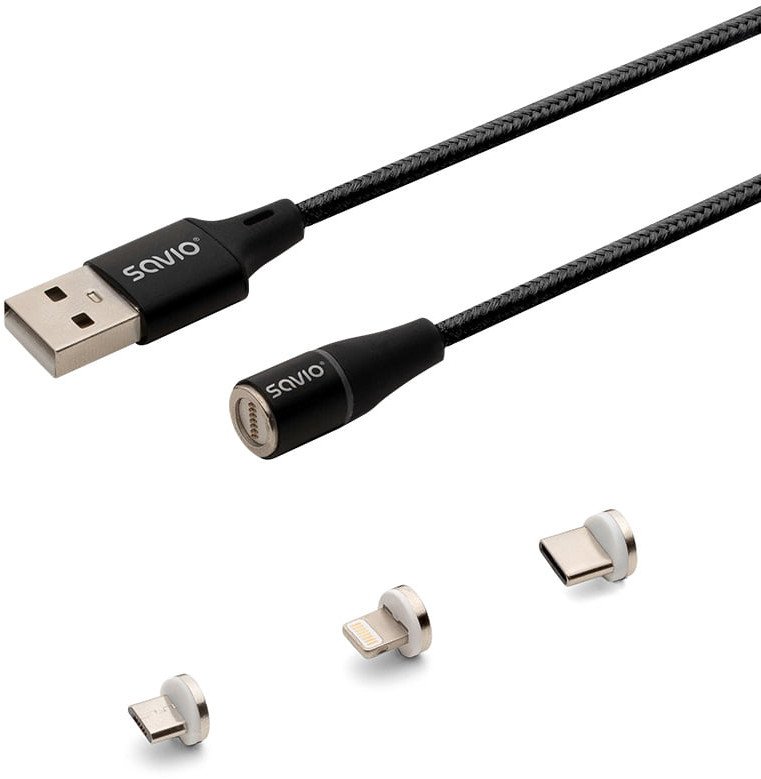 Kabel USB Savio USB-A - USB-C + microUSB + Lightning 1 m Czarny Magentyczny (CL-152)