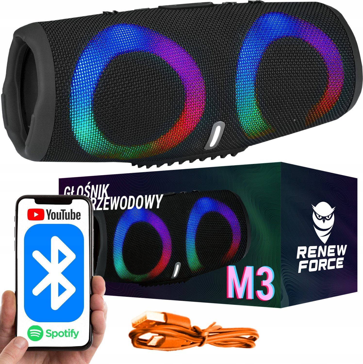 GŁOŚNIK BEZPRZEWODOWY BLUETOOTH RGB M3 CZARNY