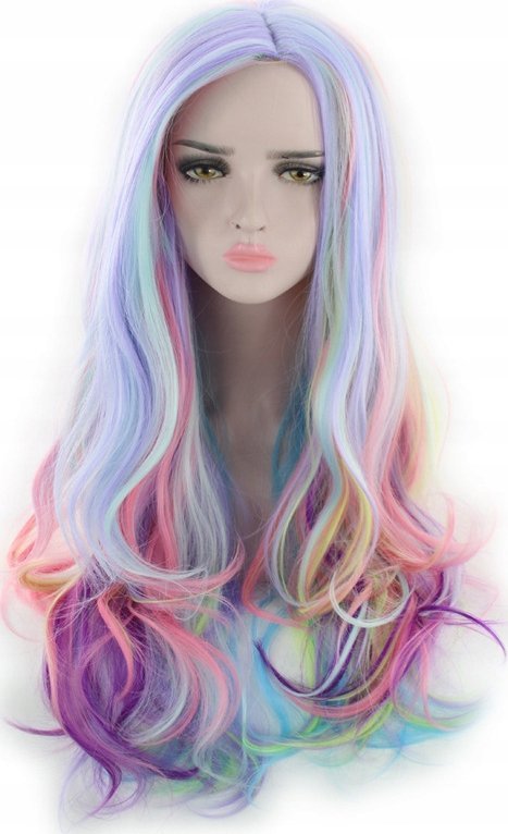 Korbi PERUKA WŁOSY KOLOROWE PASEMKA TĘCZOWE DŁUGIE FALOWANE KRĘCONE NA SIATCE W87