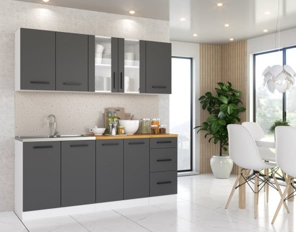 Meble Kuchenne Modułowe Z Blatem Małe Rest 2.0m Biały Szary San Sebastian