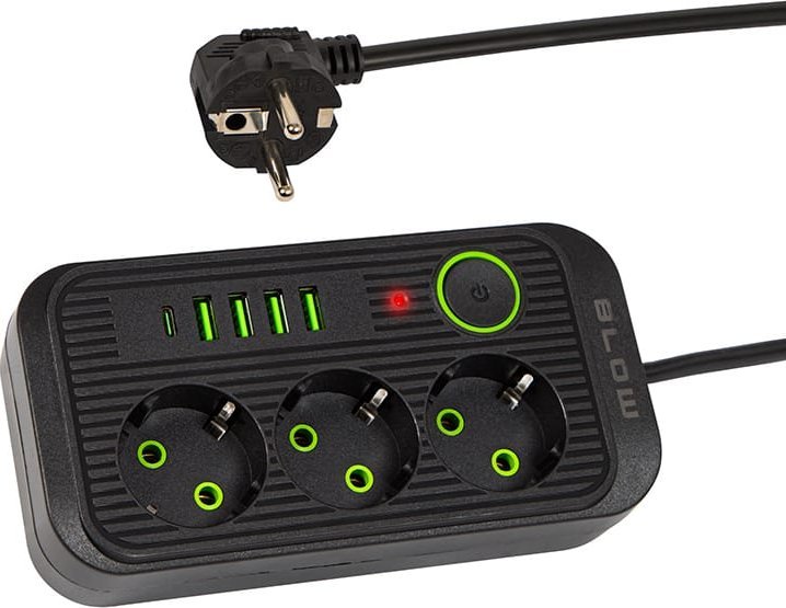 Blow 98-234# Przedłużacz sieciowy ps-330s 3-gniazda 4xusb 1xusb-c 3m czarny 2x1mm