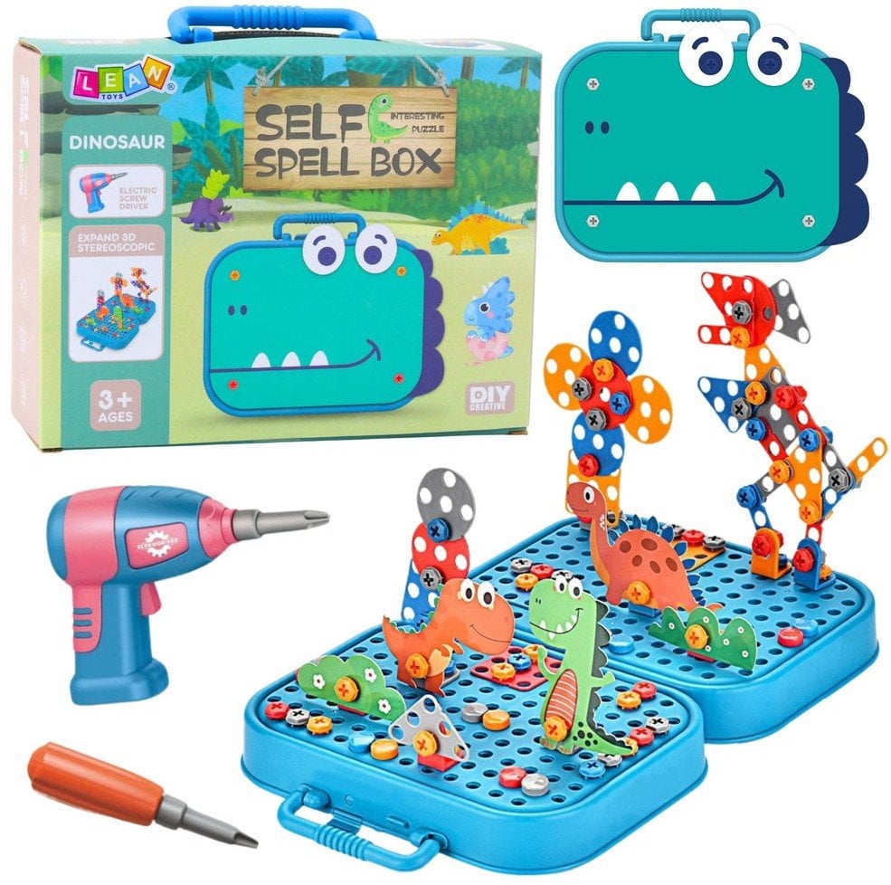 LeanToys Zestaw Do Skręcania DIY Walizka Układanka Dinozaury Klocki Wkrętarka 228el.