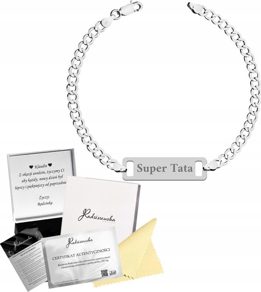 Radziszewska Jewellery Bransoleta Srebrna Blaszka z Grawerem Dzień Ojca Pancerka 925 Prezent