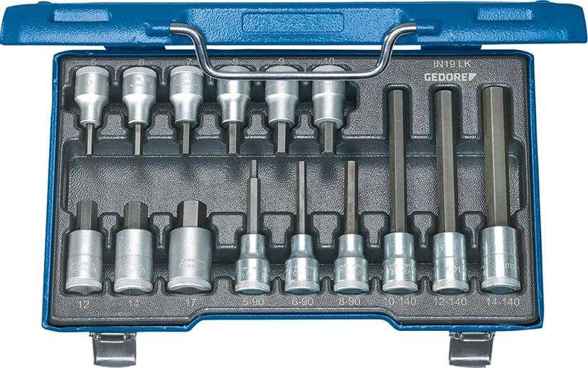 Zestaw wkrętakowych końcówek wymiennych 1/2" do śrub z łbem z gniazdem6-kąt.5-17mm,15-cz.Gedore