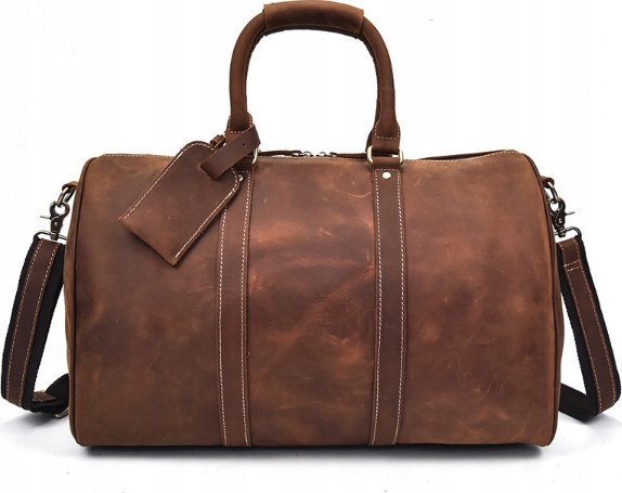 Duża męska torba podróżna pojemna na ramię skórzana skóra vintage brązowa