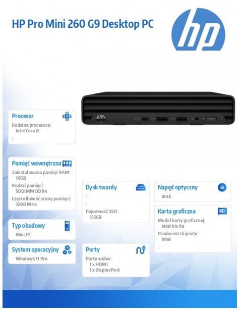 hp inc. Komputer Mini Pro 260 G9 i5-1335U 512GB/16GB/W11P 998L4ET