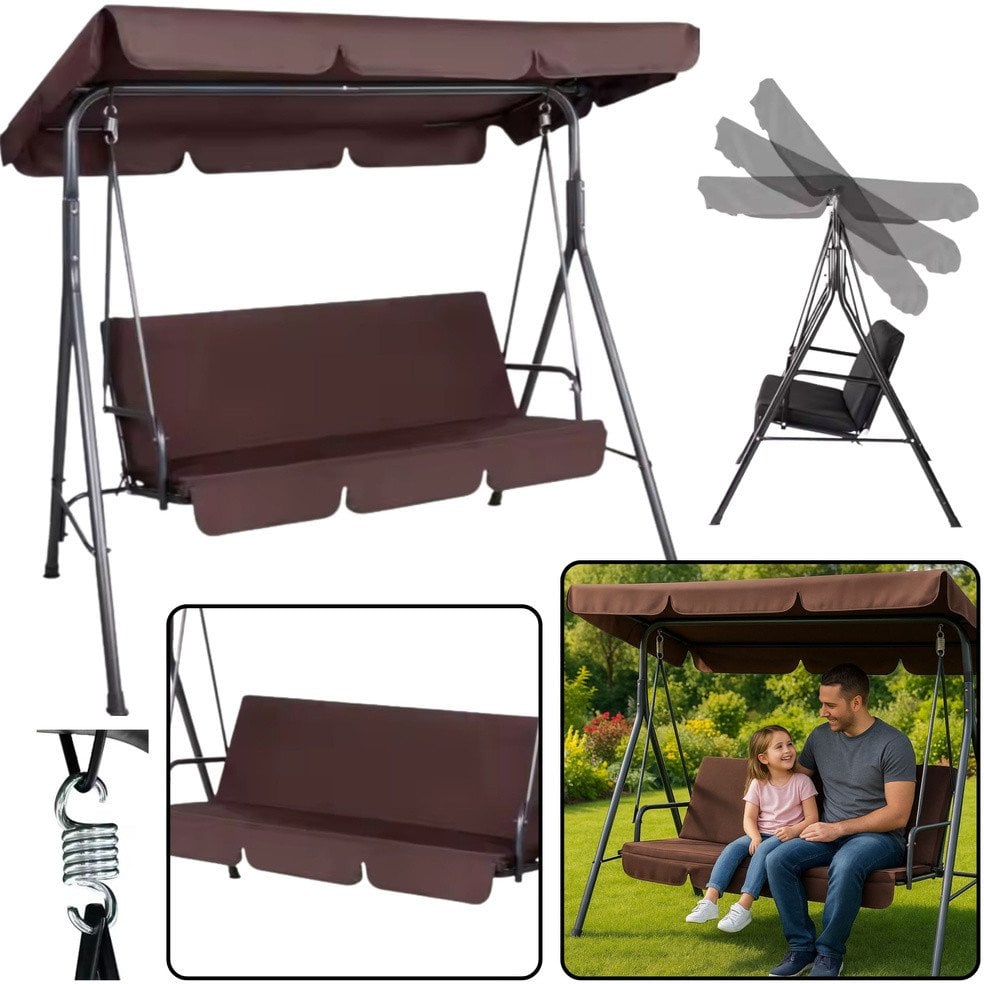 Huśtawka Trzyosobowa Ogrodowa Bujana Poduszki Materac Brązowa