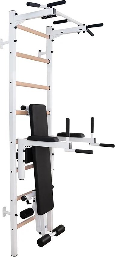 BenchK Drabinka gimnastyczna + metalowy drążek + poręcze + ławka biały BenchK