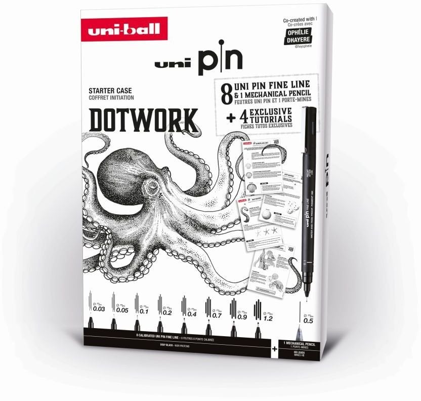 Uni Pin Dotwork Box - Gift box with exercises (contains 8x uni pin + 1 pencil 0.5 mm)