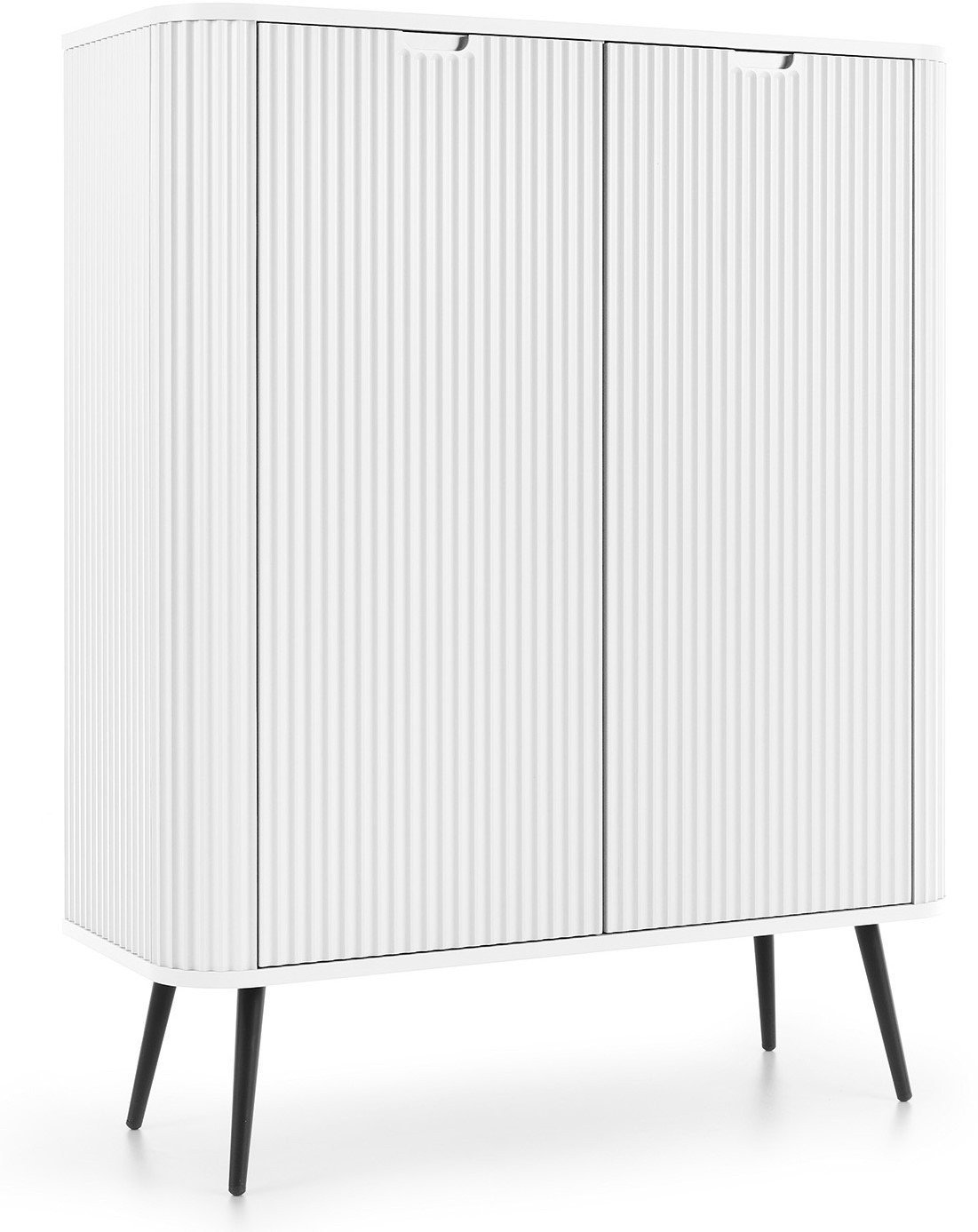 Wysoka komoda Porto dwudrzwiowa biała z ryflami zaokrąglona + czarne nogi