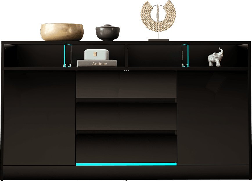 MEGSTYL KOMODA 160CM Z LISTWĄ LED - DISPARO 4 Czarny mat - Czarny połysk