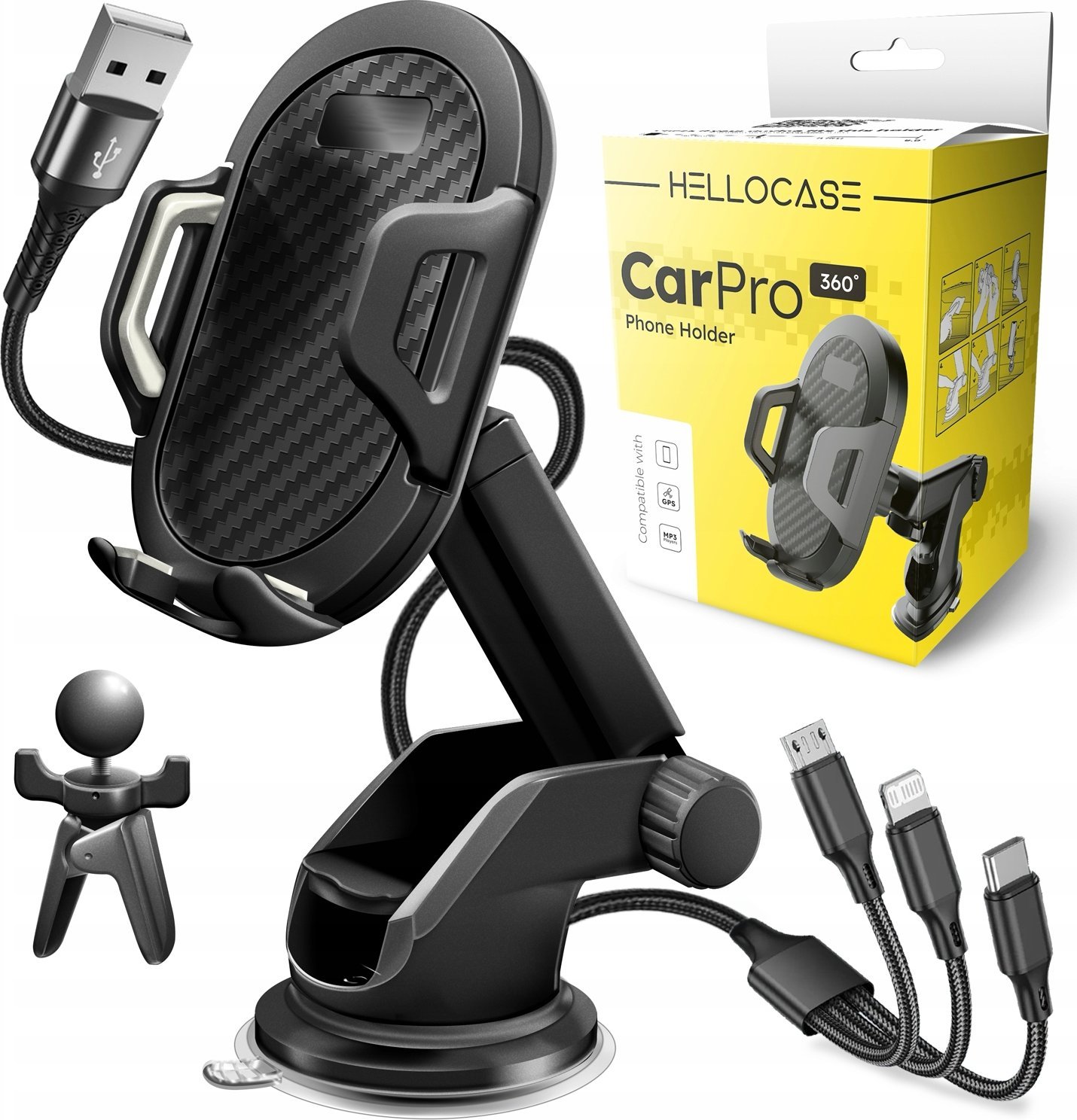 Hello Case UCHWYT DO SAMOCHODU NA TELEFON SZYBĘ KOKPIT MOCNY KABEL USB 3 W 1