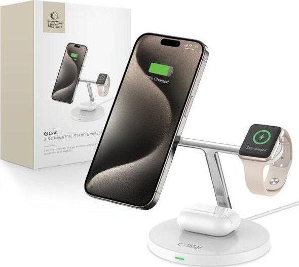 Ładowarka Tech-Protect TECH-PROTECT QI15W-A35 3IN1 MAGNETIC MAGSAFE WIRELESS CHARGER WHITE