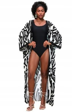 LETNIE KIMONO PLAŻOWE NARZUTKA CZARNO-BIAŁE WZORY PAREO WIĄZANE NA PLAŻĘ