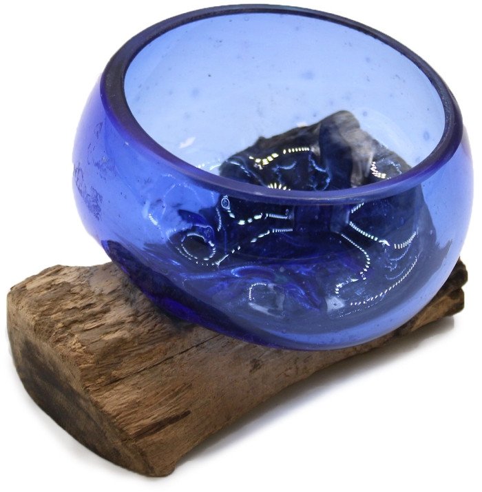 Szklana Miska Wtopiona w Drewno - Niebieska