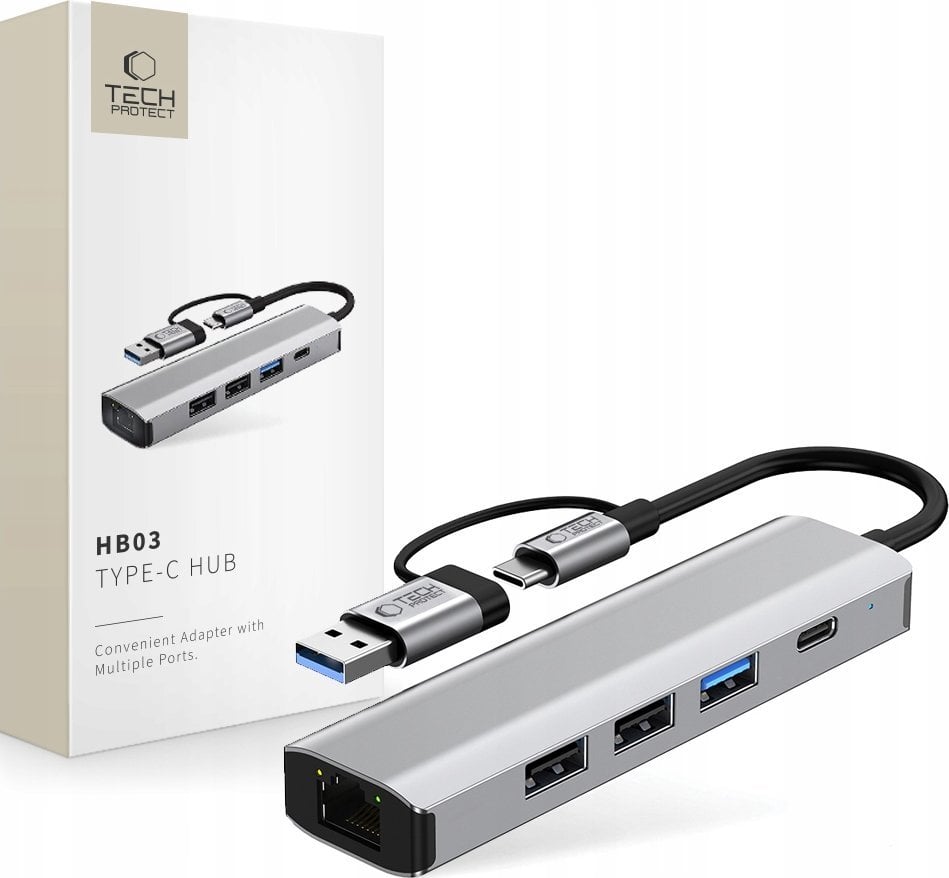 TECH-PROTECT HB03 HUB ADAPTER 5IN1 TYPE-C + USB2.0 + USB3.0 + RJ45 SPACE GREY