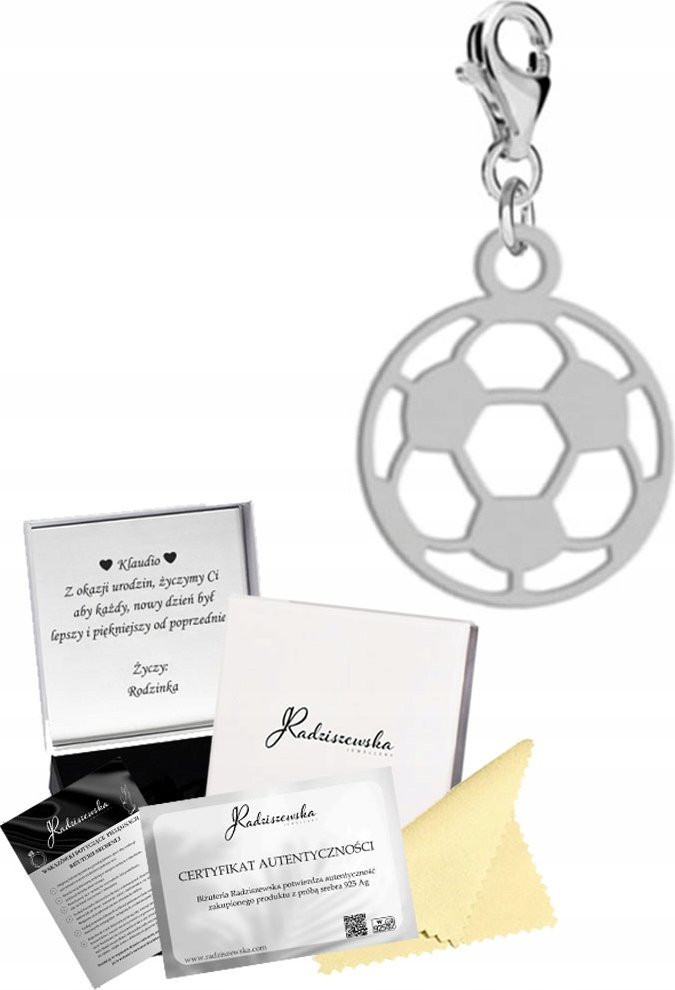 Radziszewska Jewellery Charms Srebrny Piłka Nożna Karabińczyk Srebro 925 Prezent DEDYKACJA GRATIS