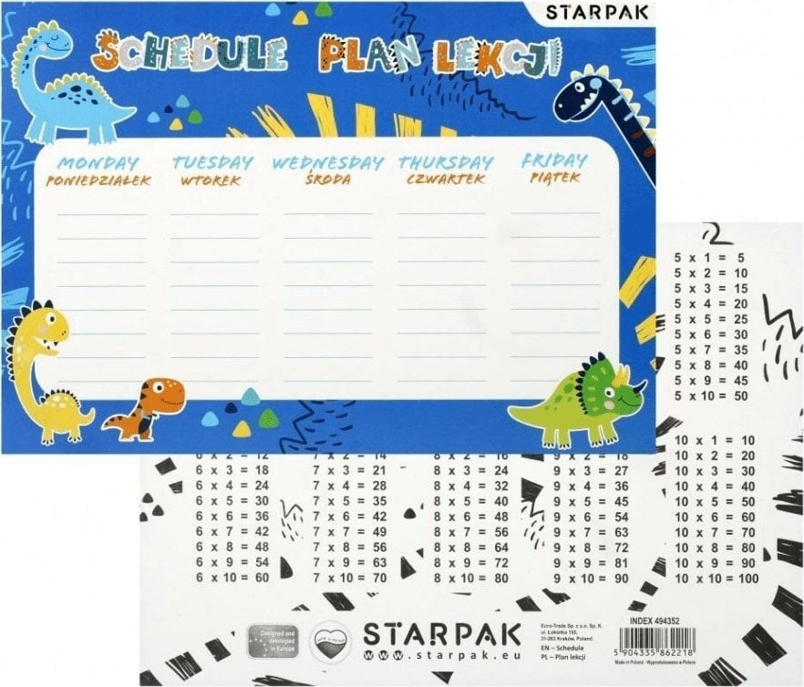 Teka Plan lekcji z tabliczk± mnożenia Dino (25szt)