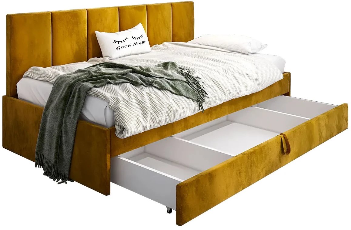Łóżko młodzieżowe SORA 2 90x200 curry z tapicerowanym panelem i szufladą MKPOL